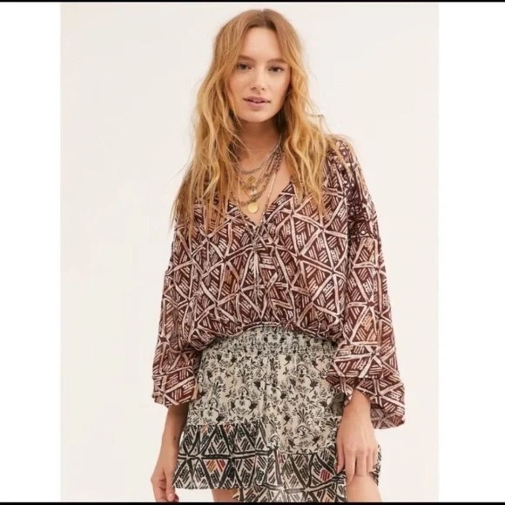 Free People Waverly Women's Brown Batik Print Slouchy Crop Blouse Sz S